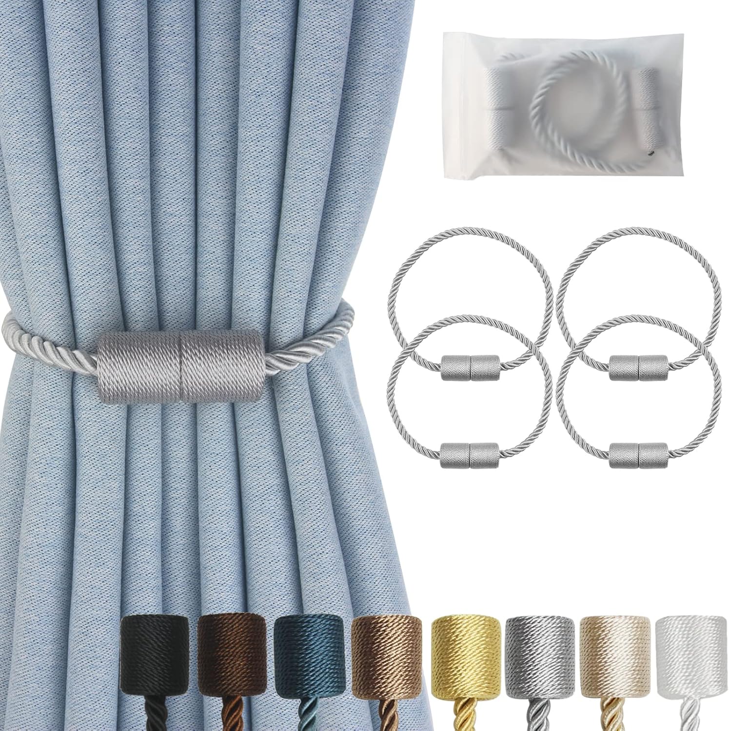 Magnetic Curtain Tiebacks 4 Pack Grey Curtain Rope Tieback Curtain Holders for Drapes Modern Tie
