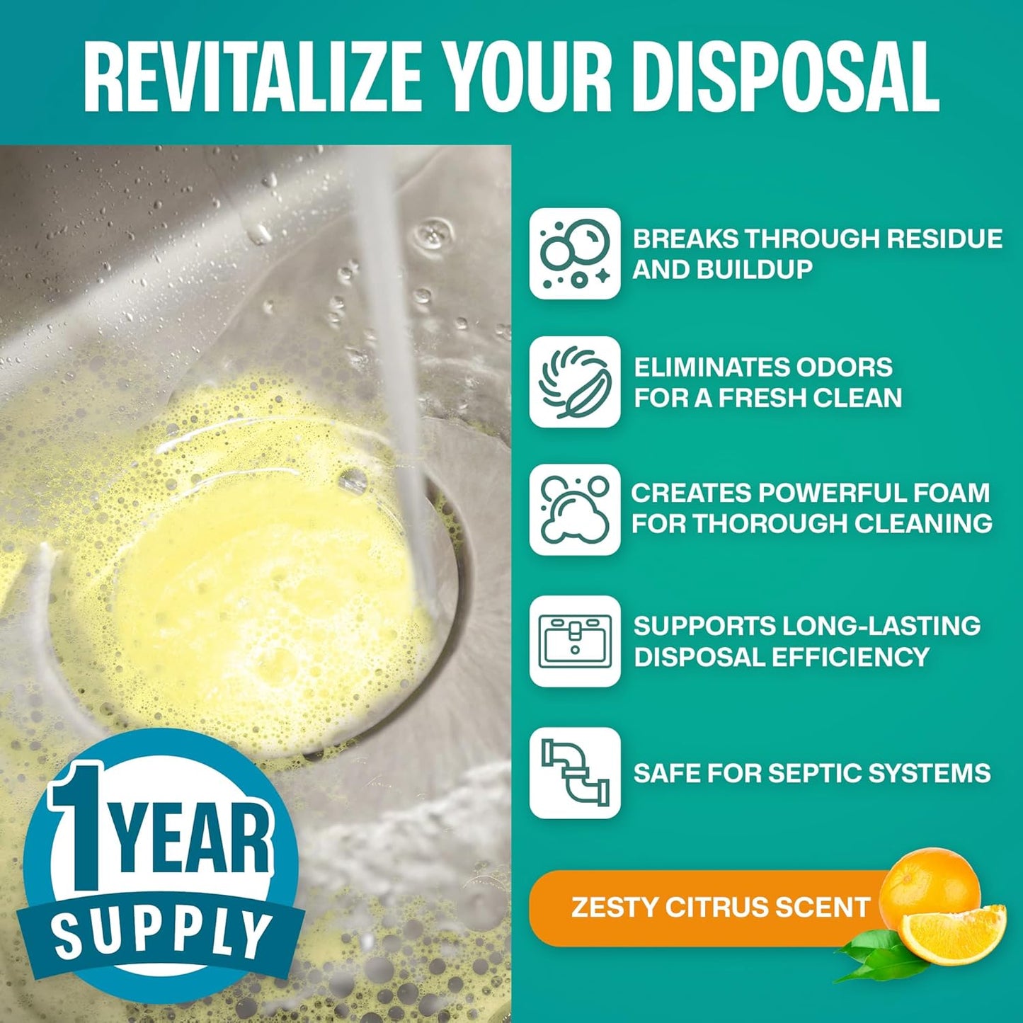 Sudstainables Garbage Disposal Cleaner Tablets 24-Pack - Sink Cleaner and Deodorizer, Disposal
