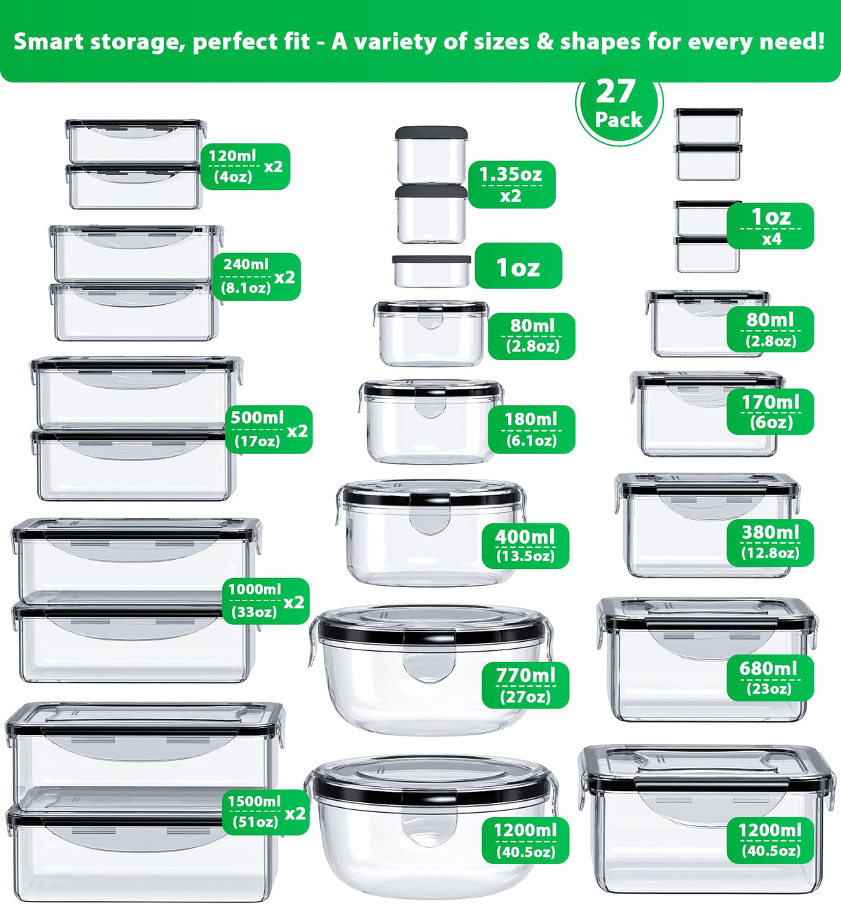 54 Pcs Food Storage Containers with Lids Airtight, (27 Containers &27 Lids) Reusable BPA-Free