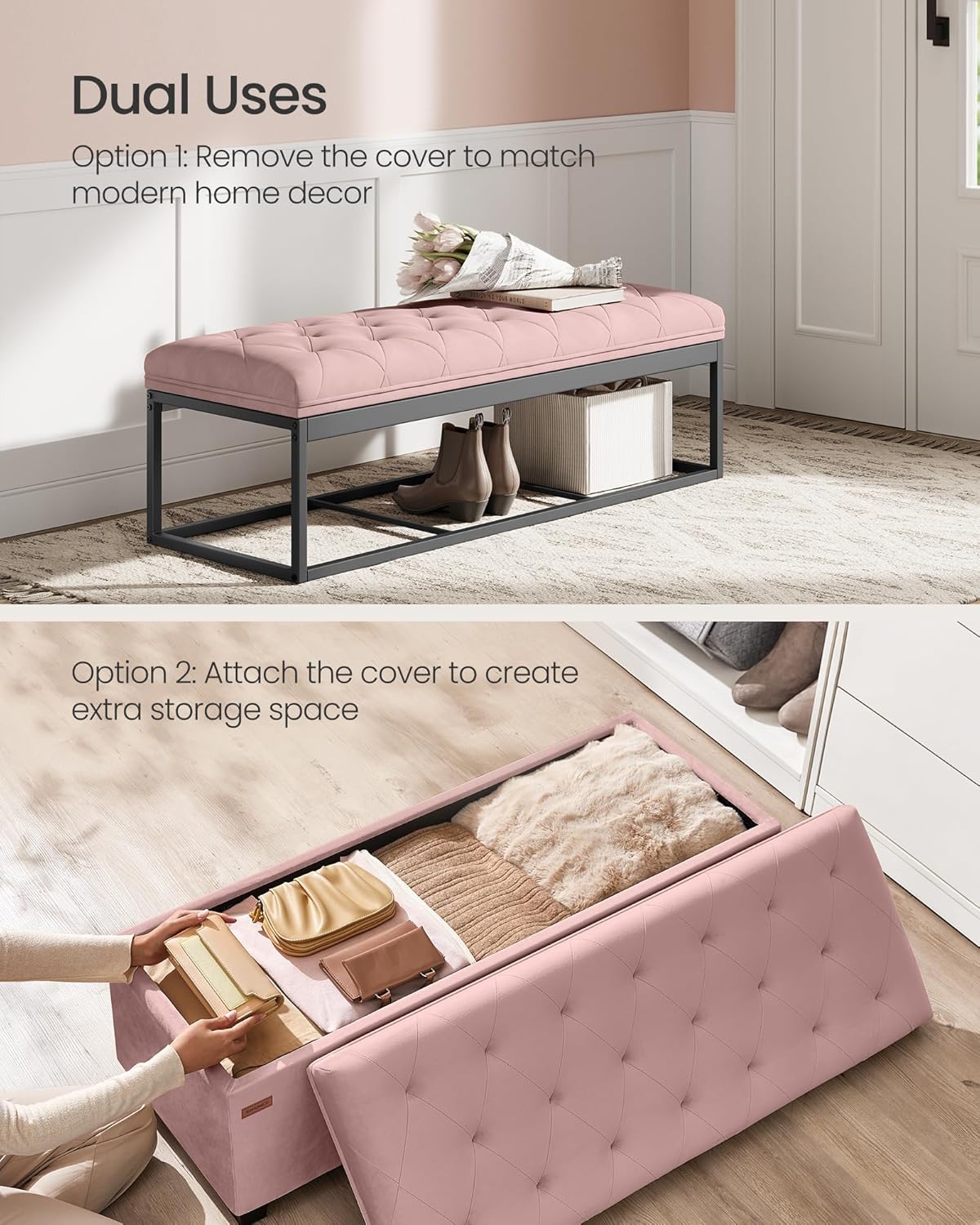 SONGMICS Velvet Storage Ottoman Bench, Foot Rest with Legs, 15.7 x 43 x 15.7 Inches, End of Bed