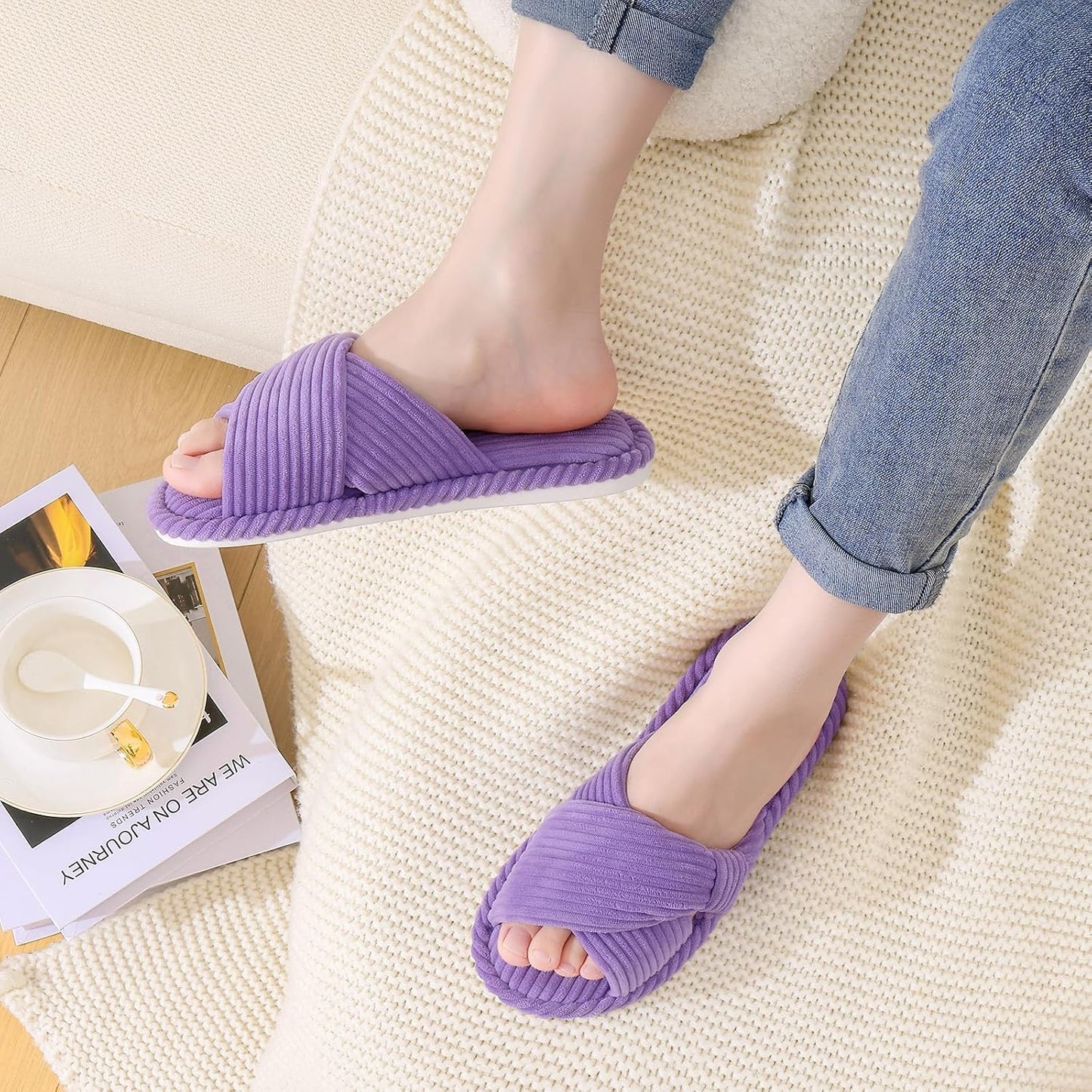 Evshine Summer House Slippers for Women Corduroy Cross Bow Indoor Slippers Open Toe Slip On Bedroom