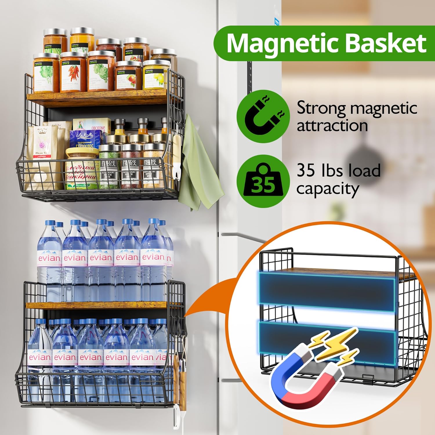 Magnetic Shelf for Fridge with Wood Lid, Fruit Potato and Onion Storage Bins, Pantry Organizers and