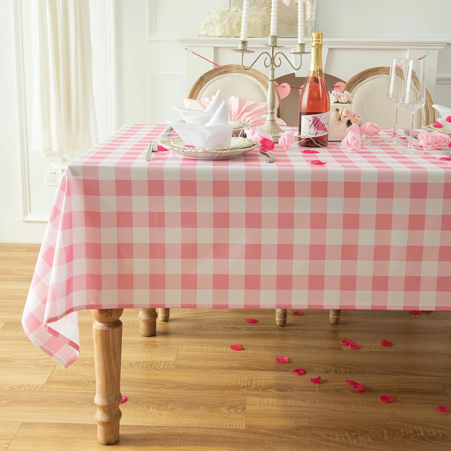 Waterproof Plaid Tablecloth Fabric - Square 58x58 Inch Classic Gingham Checker Table Cloth for