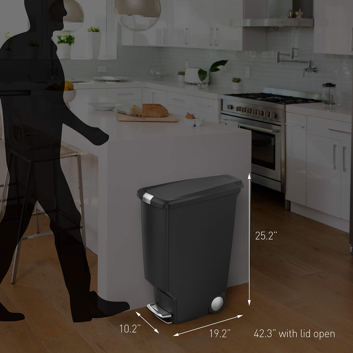 simplehuman 40 Liter / 10.6 Gallon Slim Kitchen Step Trash Can With Secure Slide Lock, Grey Plastic