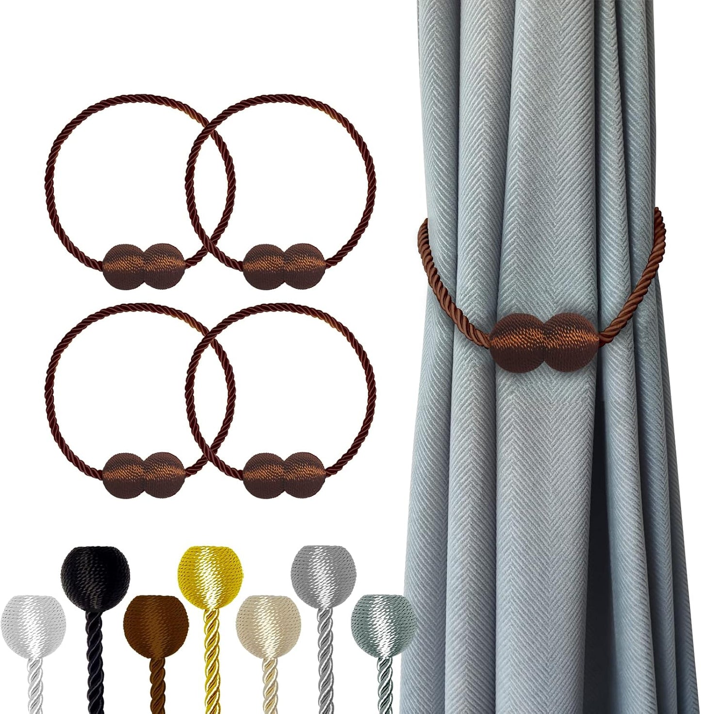 Hion Magnetic Curtain Tiebacks Dark Brown 4 Pack, Curtain Tiebacks Buckles Holdbacks Holders Hooks