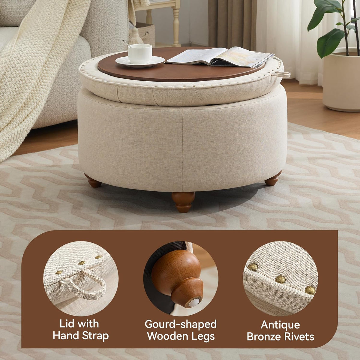 30Inch Round Storage Ottoman with Tray, Modern Tufted Fabric Circle Coffee Table with Storage