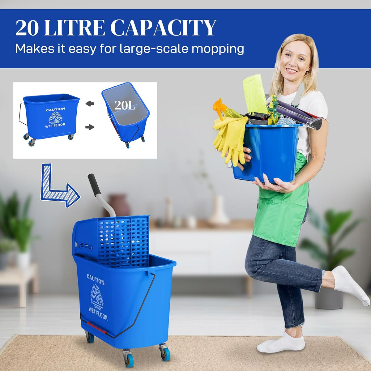 HOMCOM Compact Mop Bucket with Wringer on Wheels for Floor Cleaning, 21 Quart, Separate Dirty and