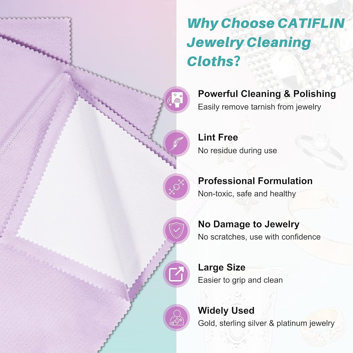 CATIFLIN 3PCS Purple Silver Polishing Cloths, 10"x12" Jewelry Cleaning Cloths for Gold, Silver