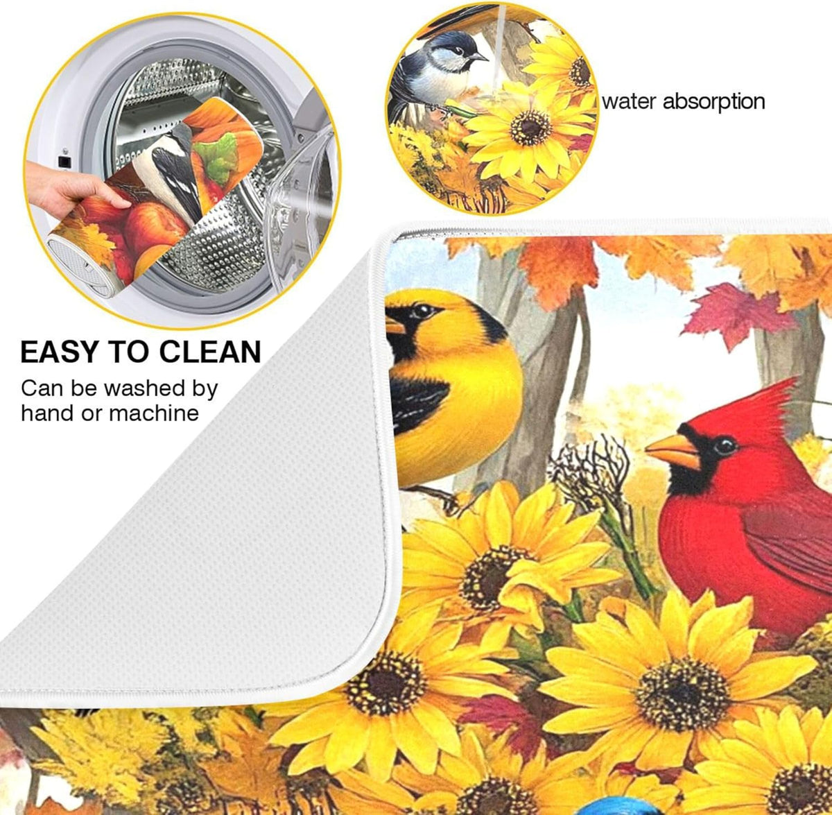 Fall Birds Dish Drying Mat for Kitchen Countertop 16x18 Autumn Pumpkin Sunflower Small Drying Mat