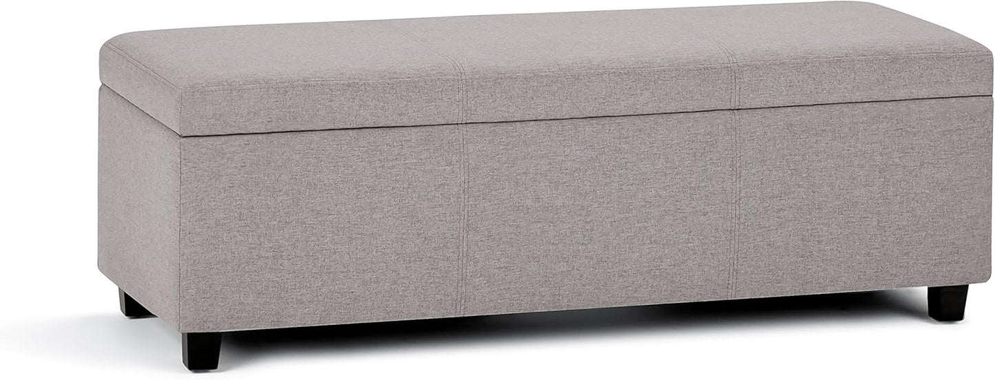 SIMPLIHOME Avalon 48 inch Wide Contemporary Rectangle Storage Ottoman Bench in Cloud Grey Linen