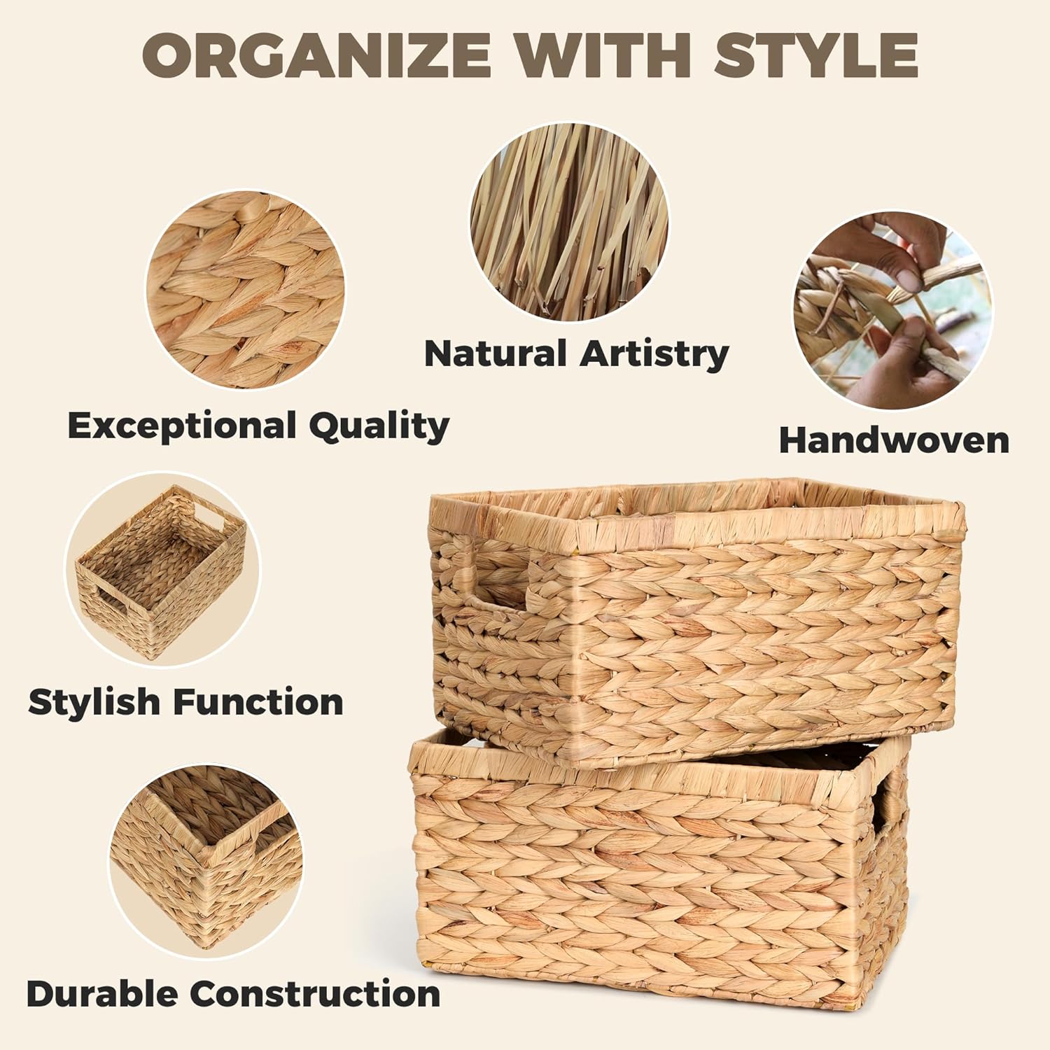 Set of 2 Wicker Shelf Storage Baskets for Organizing - Natural Durable Water Hyacinth Woven Basket
