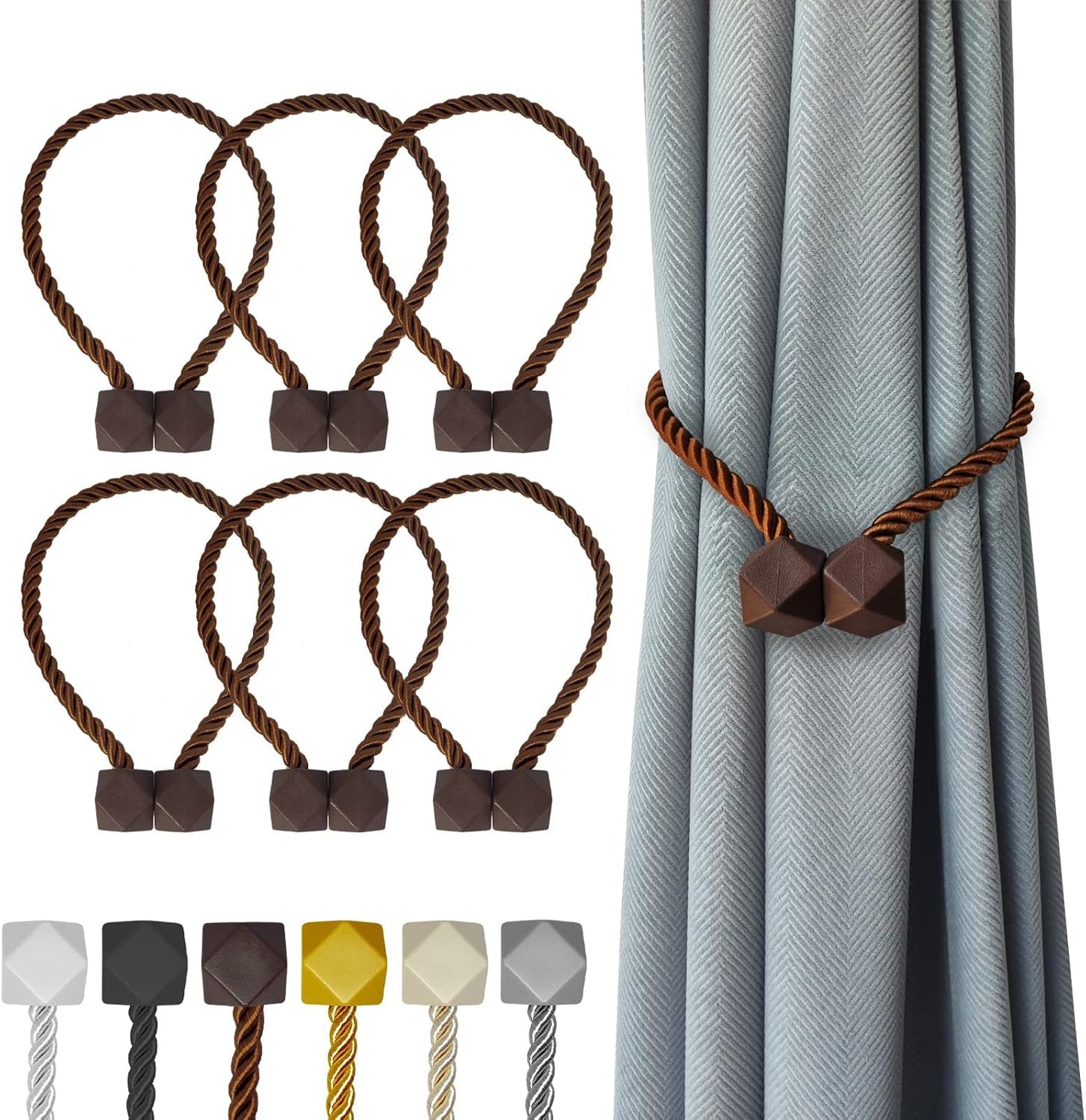 Hion Magnetic Curtain Tiebacks Dark Brown 6 Pack, Curtain Tiebacks Buckles Holdbacks Holders Hooks