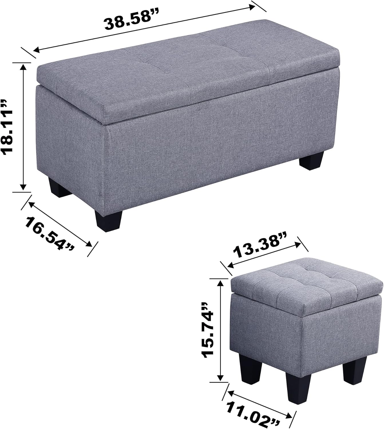 Hinged Storage Ottoman Set of 3, 38'' Living Room Storage Bench with Thick Seating, 2pcs Small