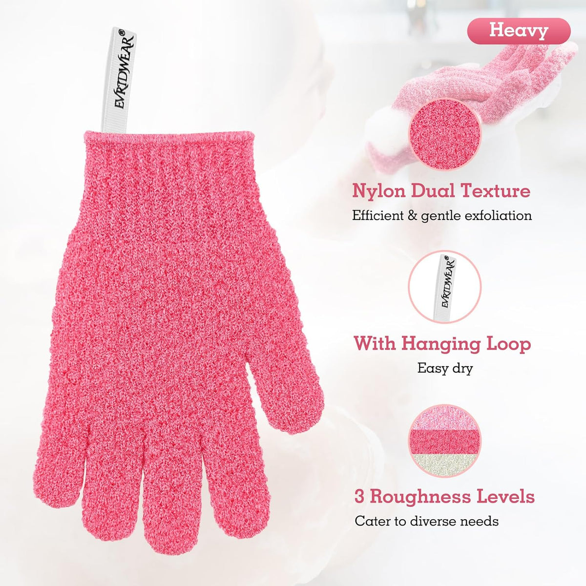 Evridwear Exfoliating Gloves for Shower, 100% Nylon Thick Soft Medium Heavy Bathing Gloves Dead