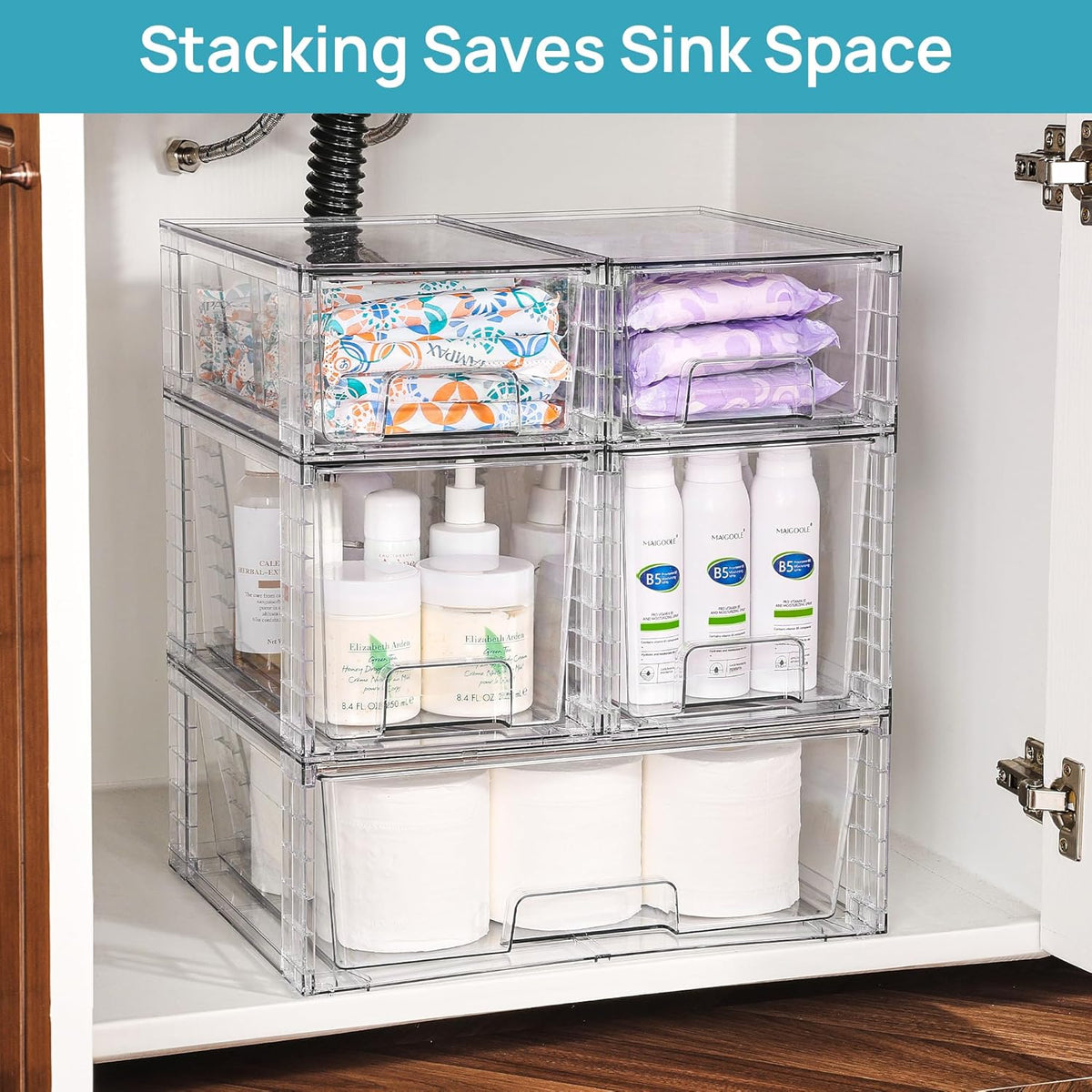 Vtopmart Clear Stackable Storage Drawers Set of 5, Easily Assemble Acrylic Bathroom Undersink
