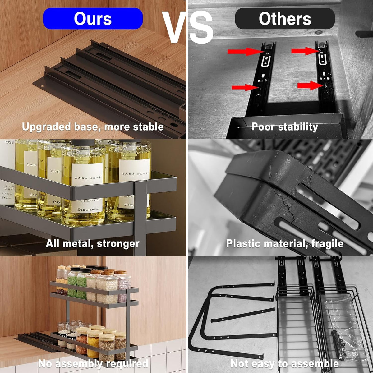 Pull Out Spice Rack Organizer for Cabinet, 2 Tier Metal Slide Out Seasoning Organizer and Storage