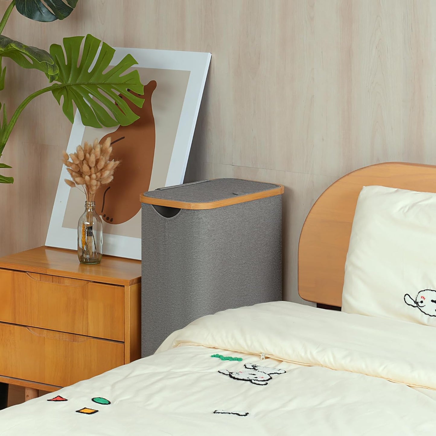 Slim Laundry Basket with Wheels,Narrow Hampers for Laundry, Laundry Hamper with Lid&Bamboo