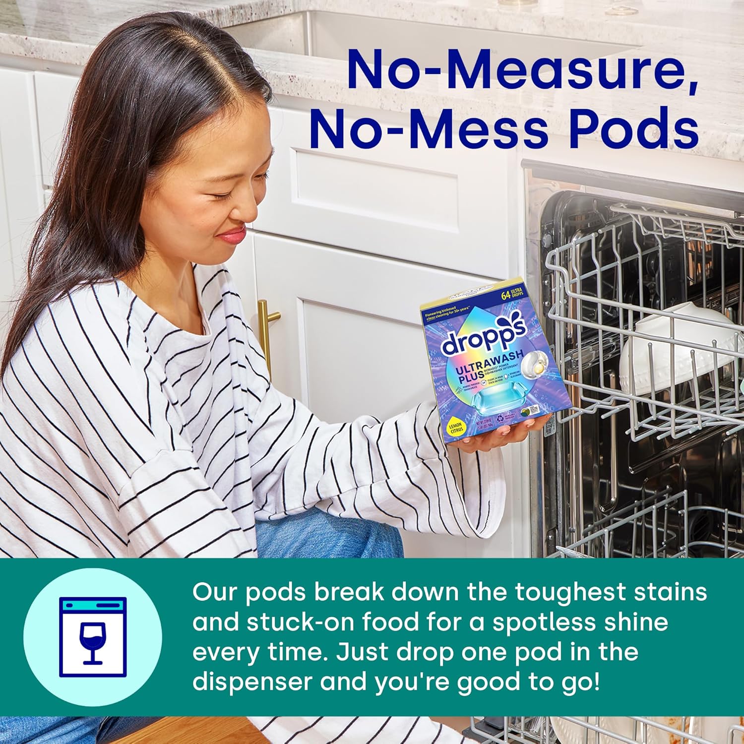 Dropps UltraWash Plus Dishwasher Detergent, Unscented (64 Pods) - Triple Action Biobased Power Deep