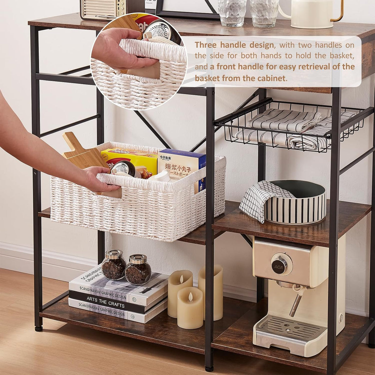 OIAHOMY Wicker Basket, Paper Shelf Basket with Built-in Handles, Rectangular Wicker Storage Bin for