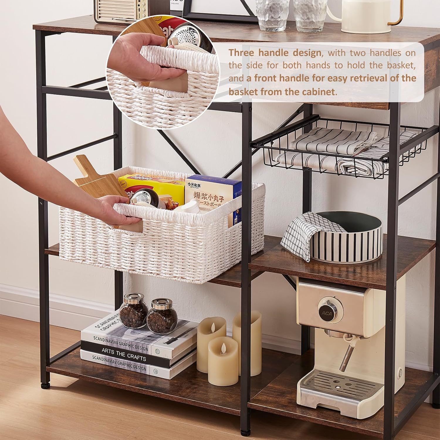 OIAHOMY Wicker Basket, Paper Shelf Basket with Built-in Handles, Rectangular Wicker Storage Bin for