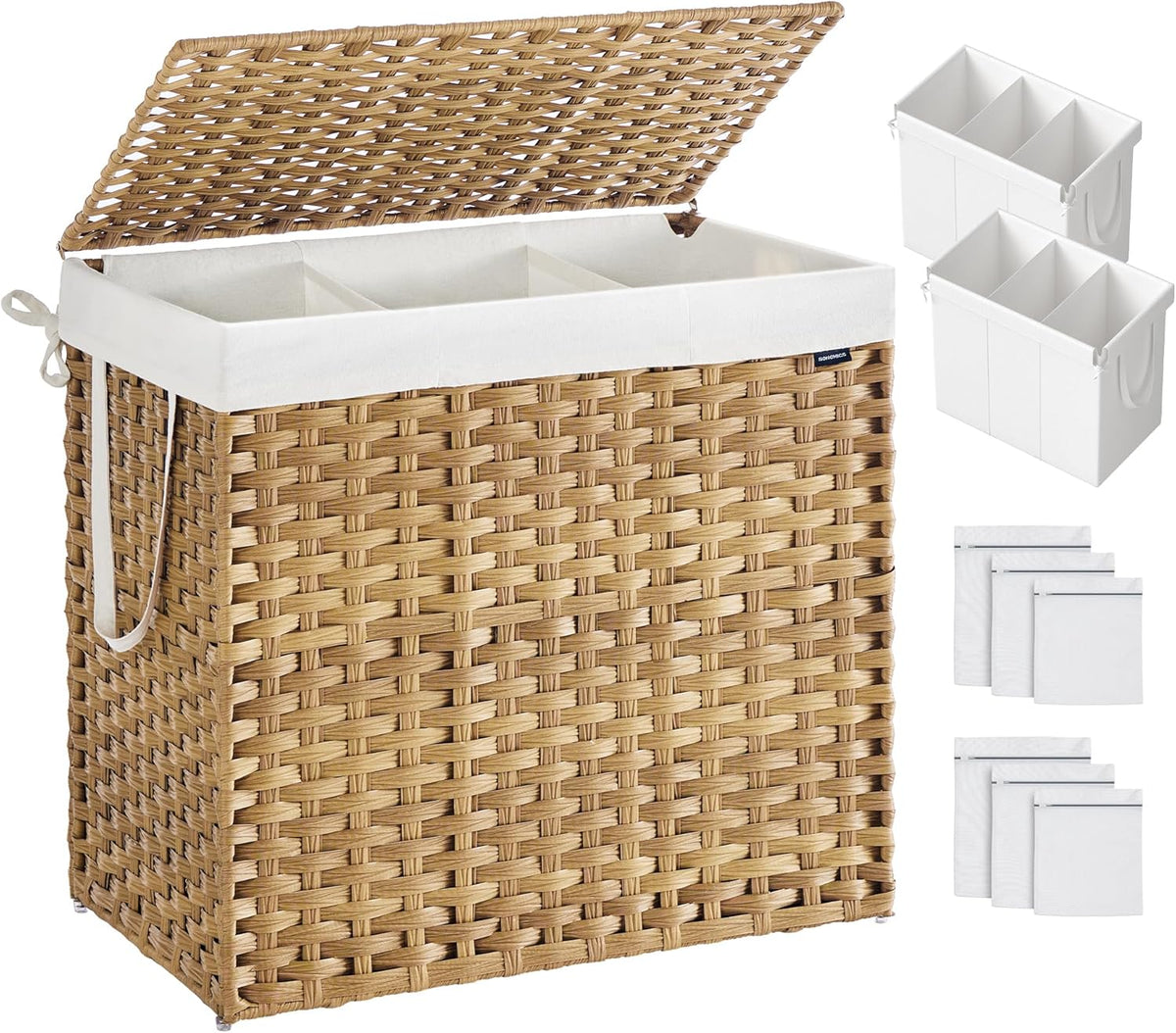 SONGMICS Laundry Hamper with Lid, 160 L Clothes Hamper with 2 Removable Liner Bags, 6 Mesh Bags