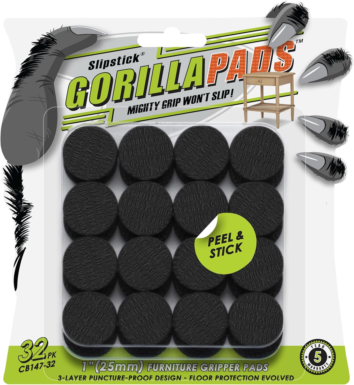 GorillaPads 1 Inch Non-Slip Furniture Pads/Gripper Feet Skids (Set of 32) Self Adhesive Rubber