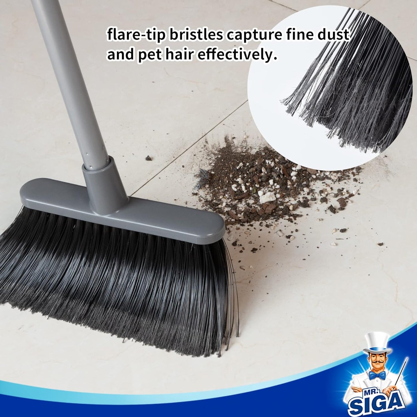 MR.SIGA Broom and Dustpan Set with Adjustable Long Handle, Upright Combo for Floor, Cleaning Lobby