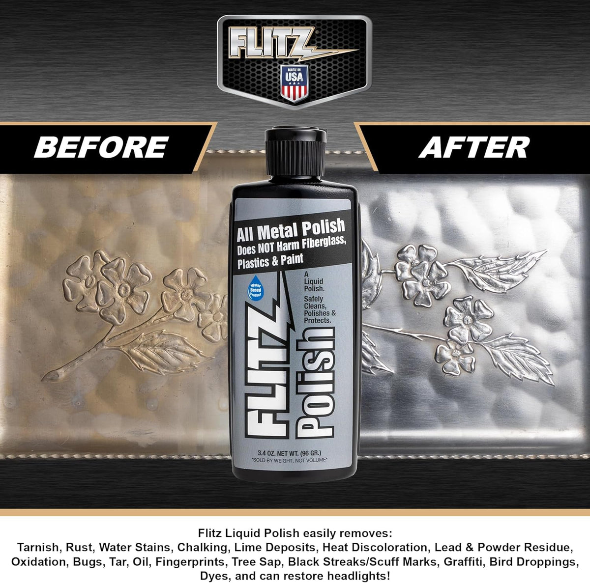 Flitz Multi Purpose Metal Polish Liquid - 3.4oz Bottle of USA-Made Tarnish Remover - For Aluminum
