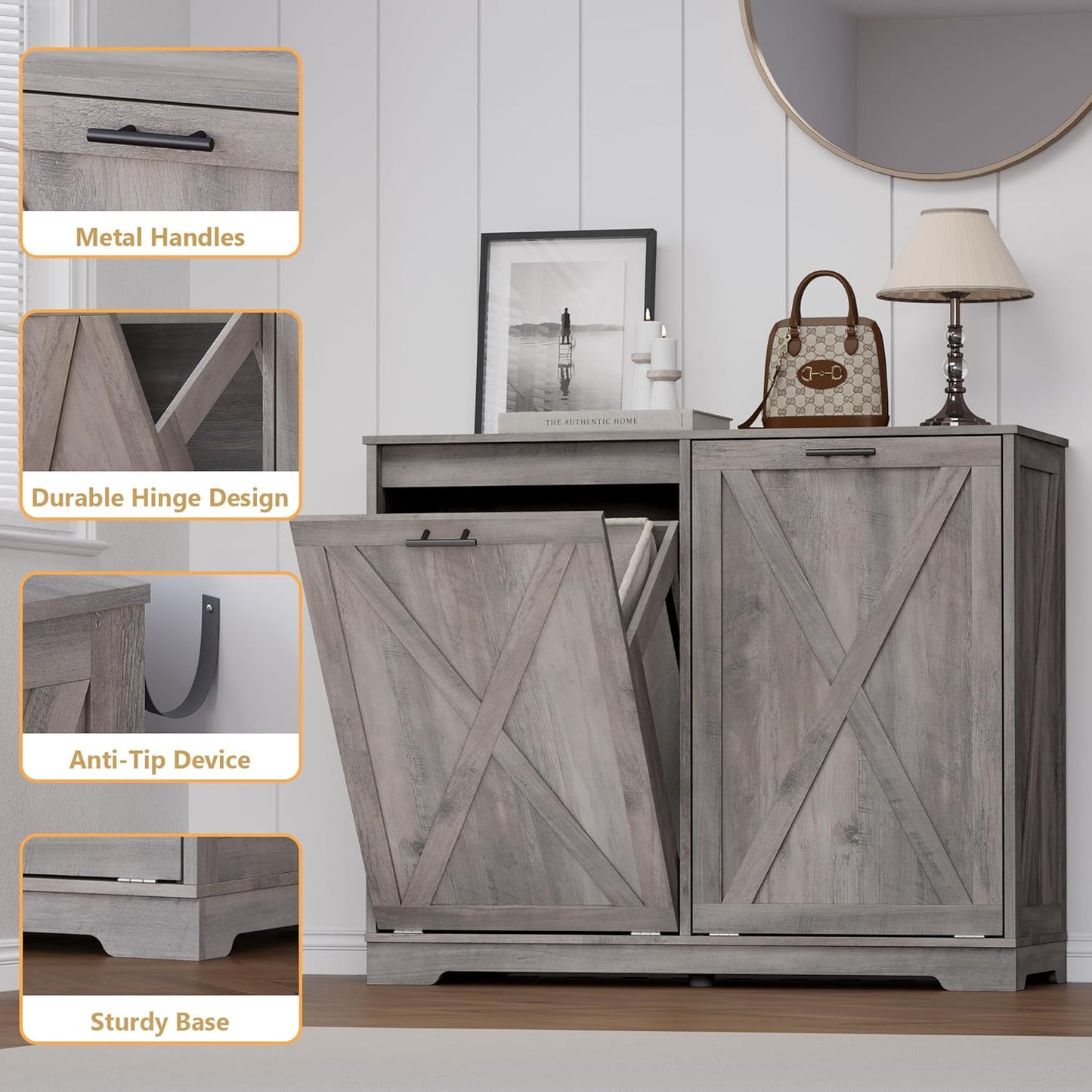 Tilt Out Trash Can Cabinet for 2 Bins, Hidden Recycle Garbage Bin Enclosure, Wooden Double Laundry
