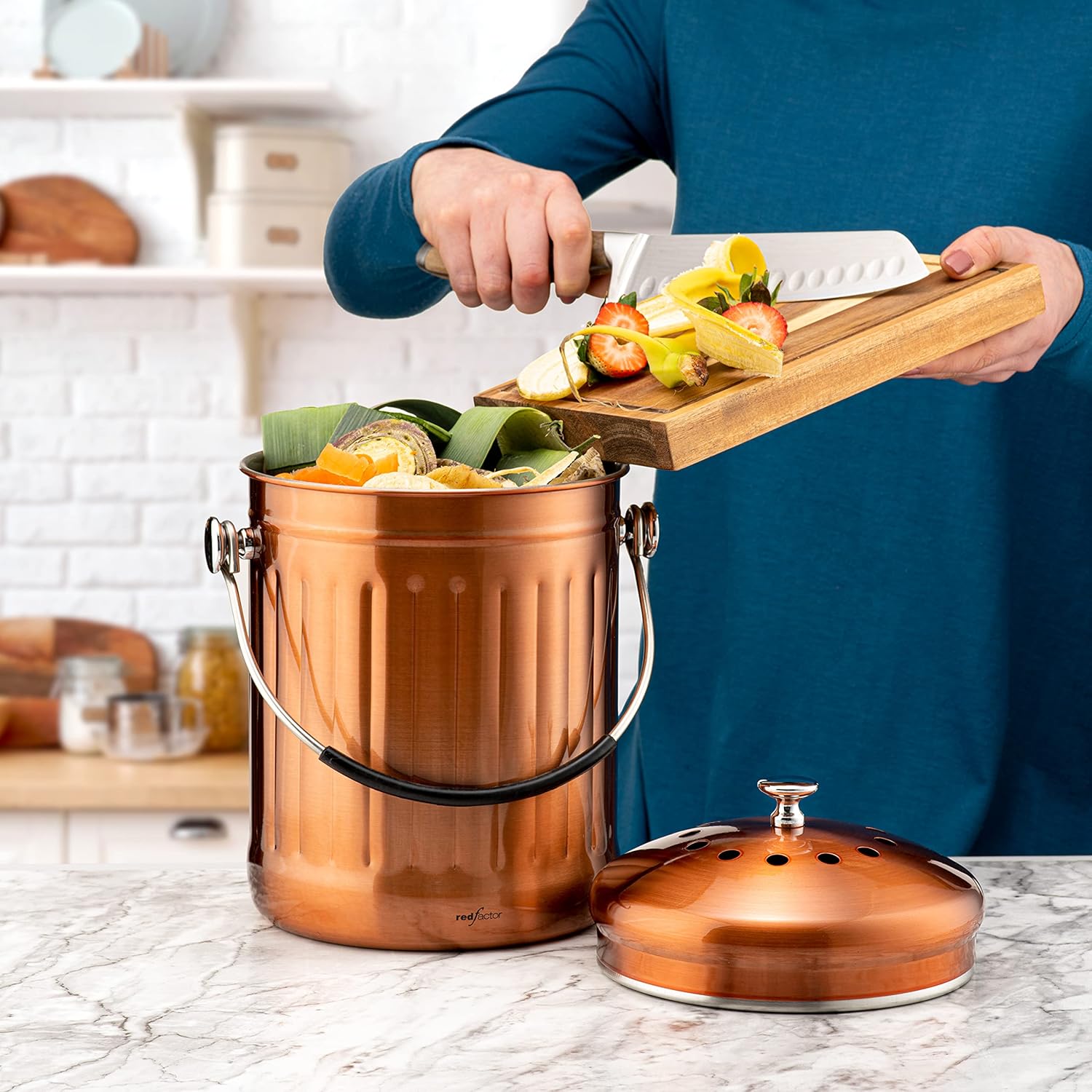 RED FACTOR Premium Compost Bin for Kitchen Countertop - Stainless Steel Food Waste Bucket with