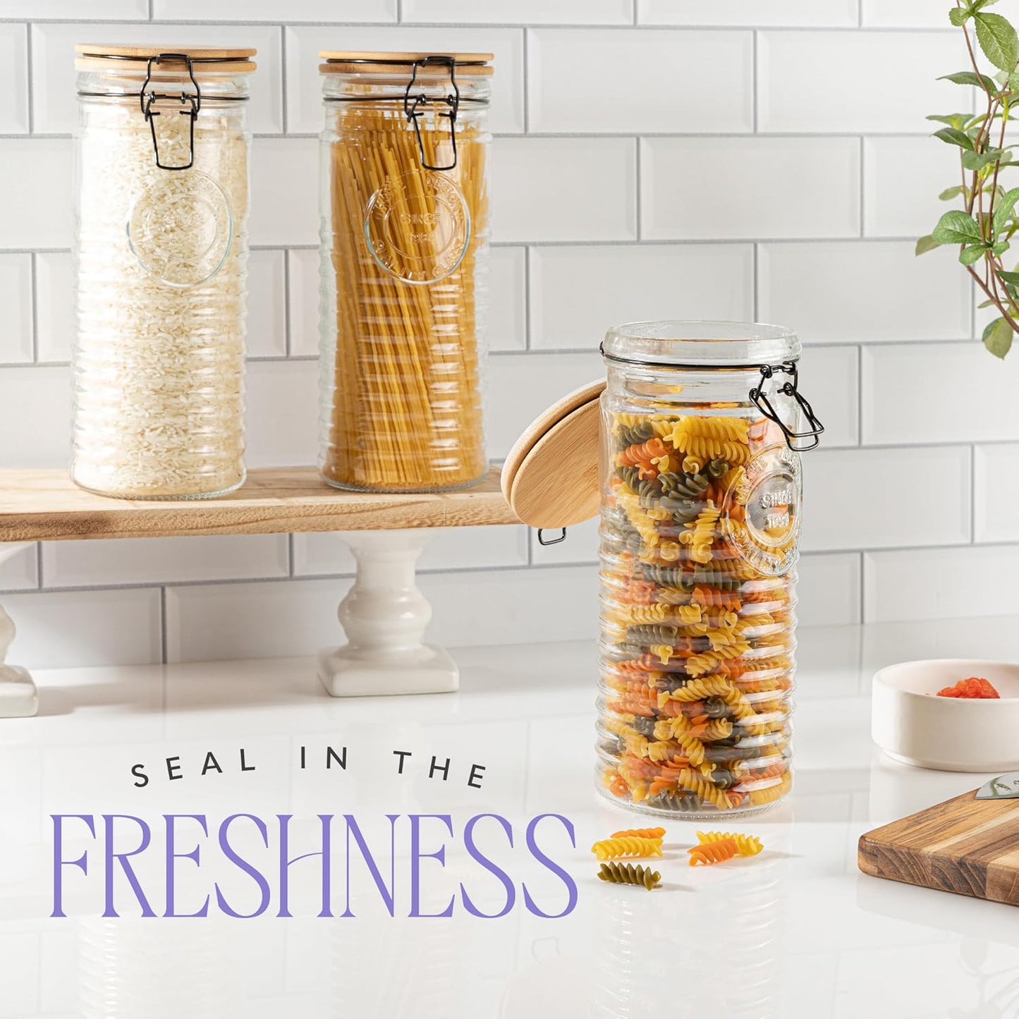 kitchentoolz Glass Storage Canister with Airtight Clasp Lids - Set of 3 Mason Jar Storage