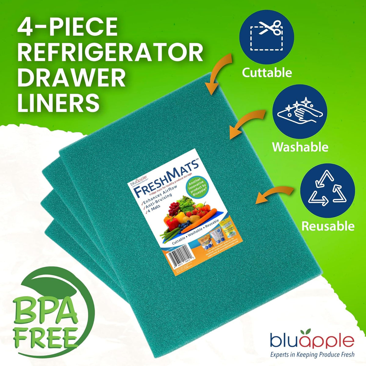 Bluapple FreshMats, Refrigerator Bin Liner, Fridge Drawer Mats, Crisper Life Extender Liner Keeps