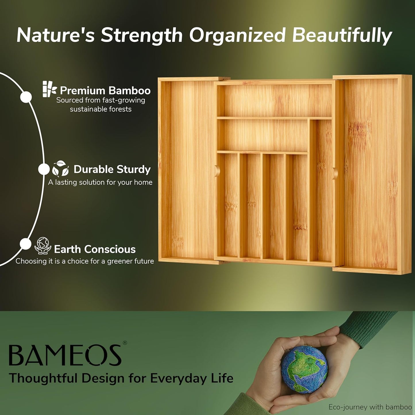 BAMEOS drawer organizer flatware organizer cutlery tray silverware organizer expandable adjustable