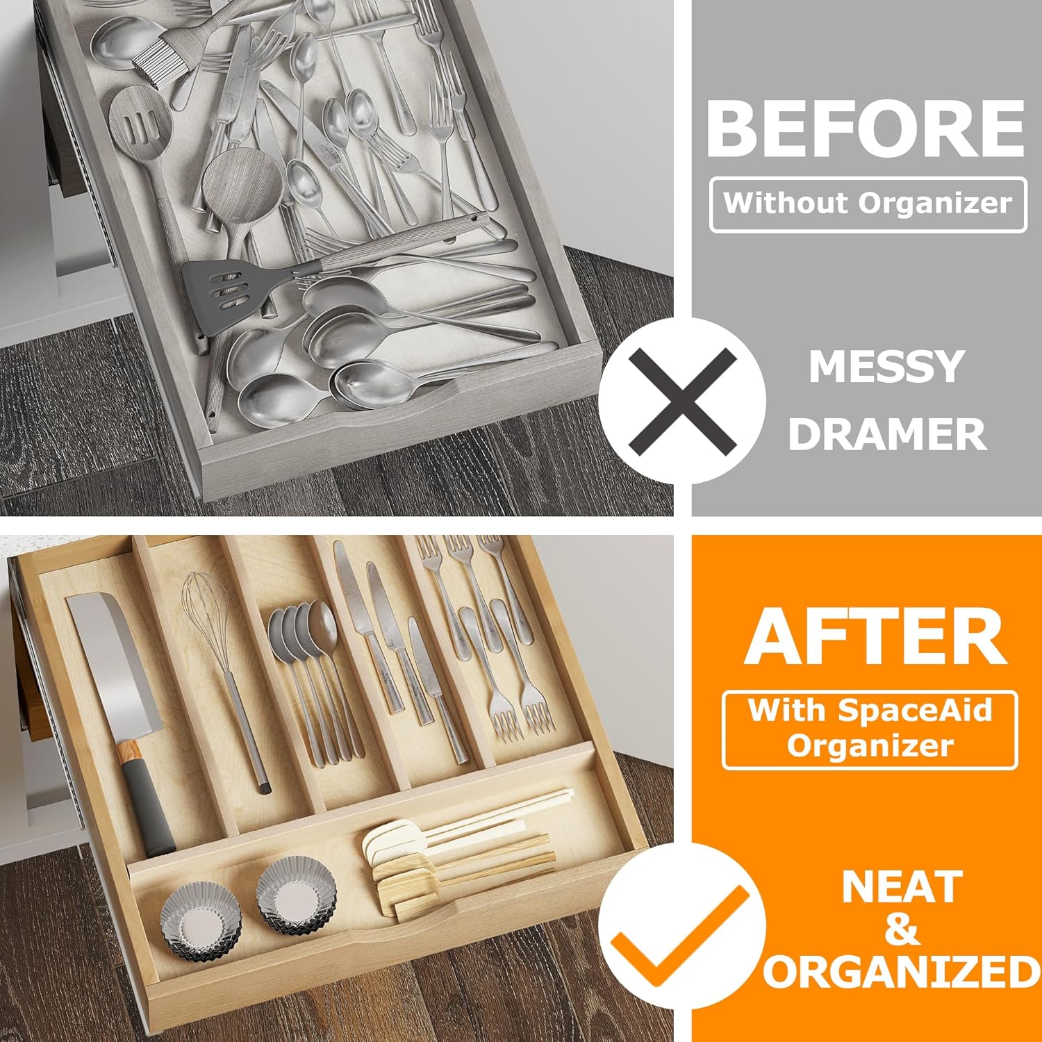 WelFurGeer Solid Birch Wood Silverware Drawer Organizer, Wooden Cutlery Drawer Organizer, Utensil