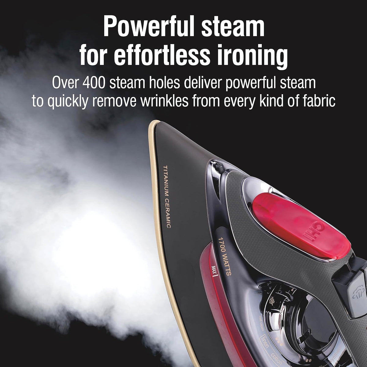 CHI Steam Iron for Clothes with 8’ Retractable Cord, 1700 Watts, 3-Way Auto Shutoff, 400+ Holes
