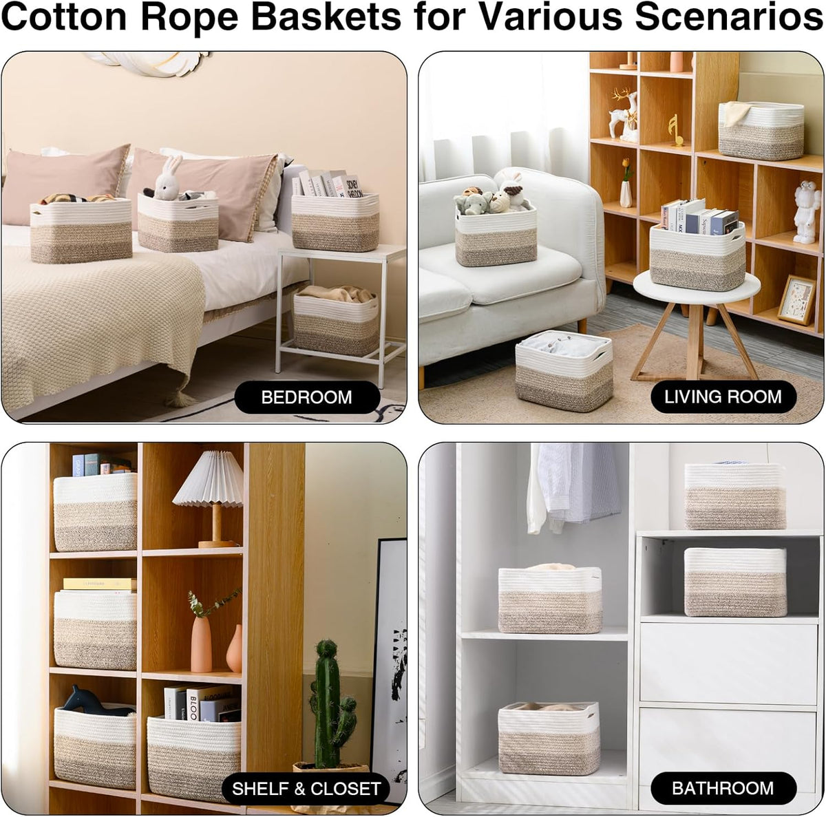 Small Storage Baskets for Organizing Shelves, Woven Cotton Rope Basket for Storage, Cute