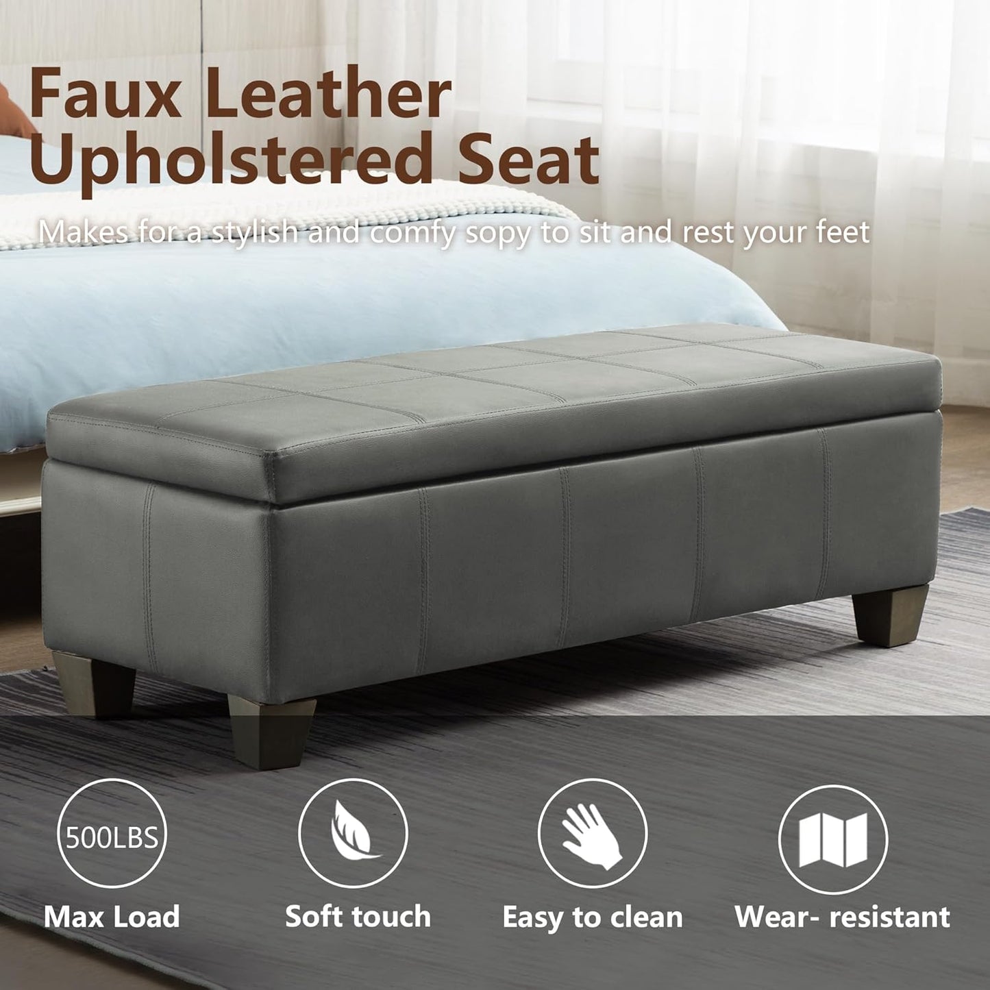 51 Inch Faux Leather Ottoman with Storage, End of Bed Bench with Large Storage, Rectangular Extra