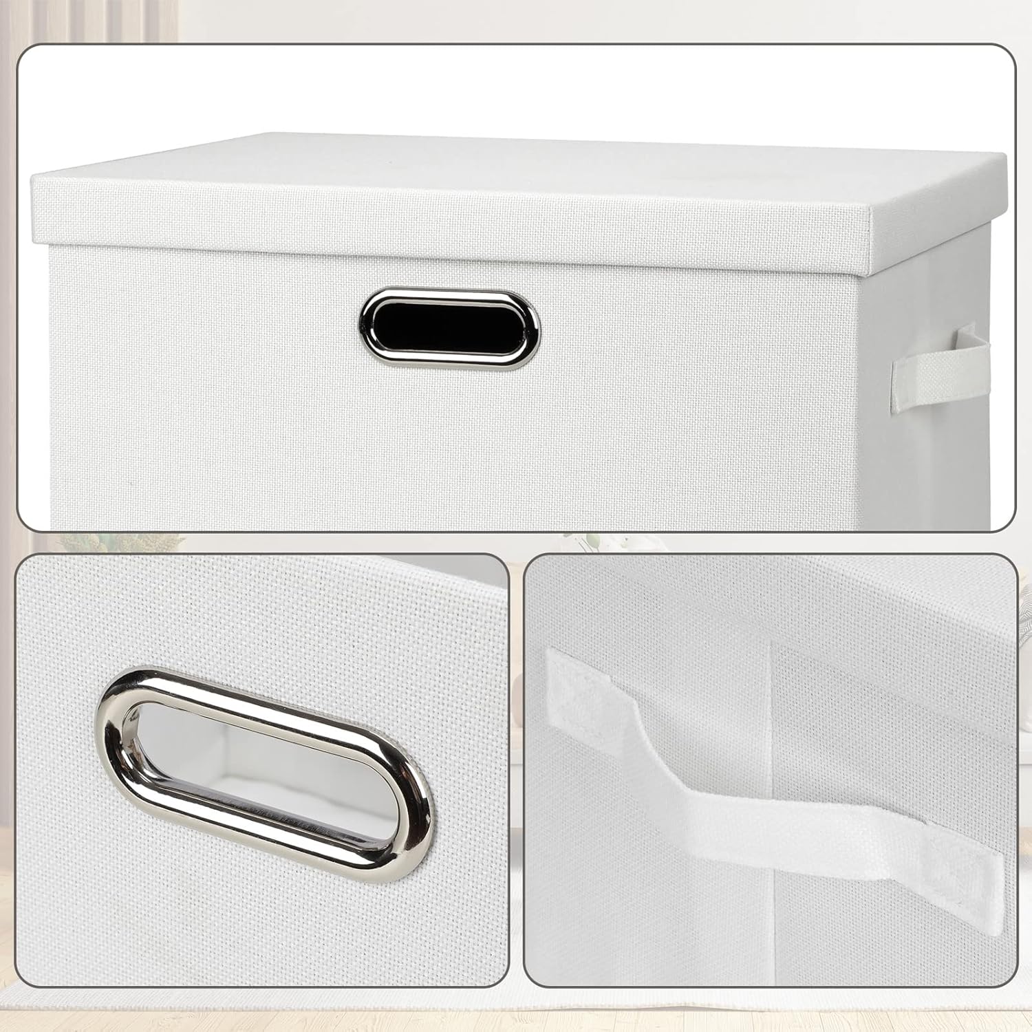 Large 17" 36 Quart Collapsible Stackable Storage Bins with Lids, 3 Packs White Linen Fabric Closet