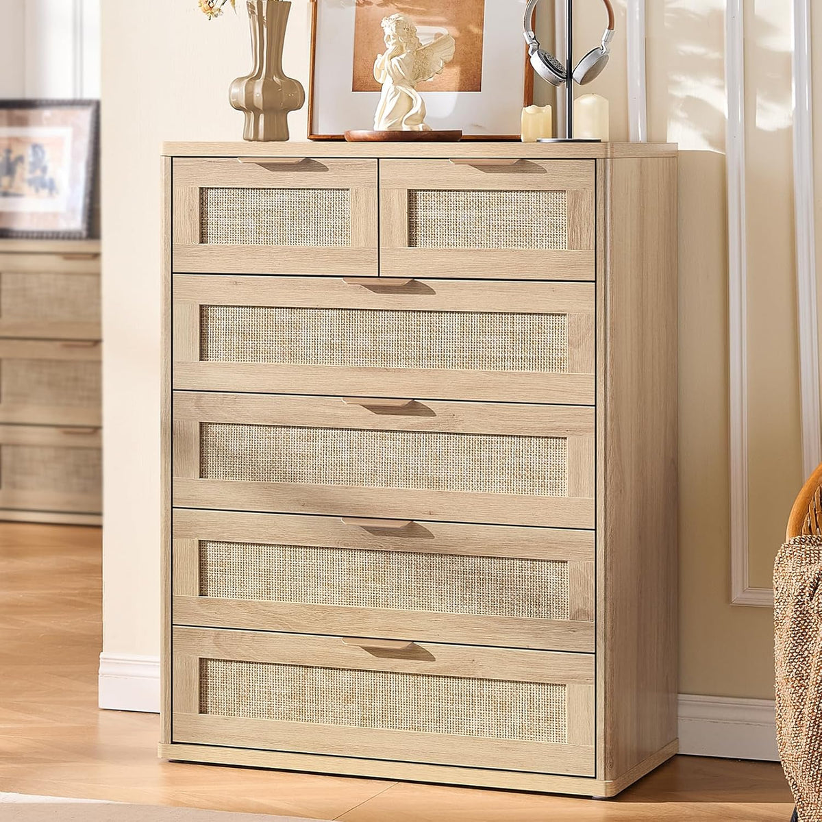 LEYAOYAO Rattan Dresser for Bedroom Set of 2, 42" Tall Chest of Drawers, Modern 6 Drawers Boho