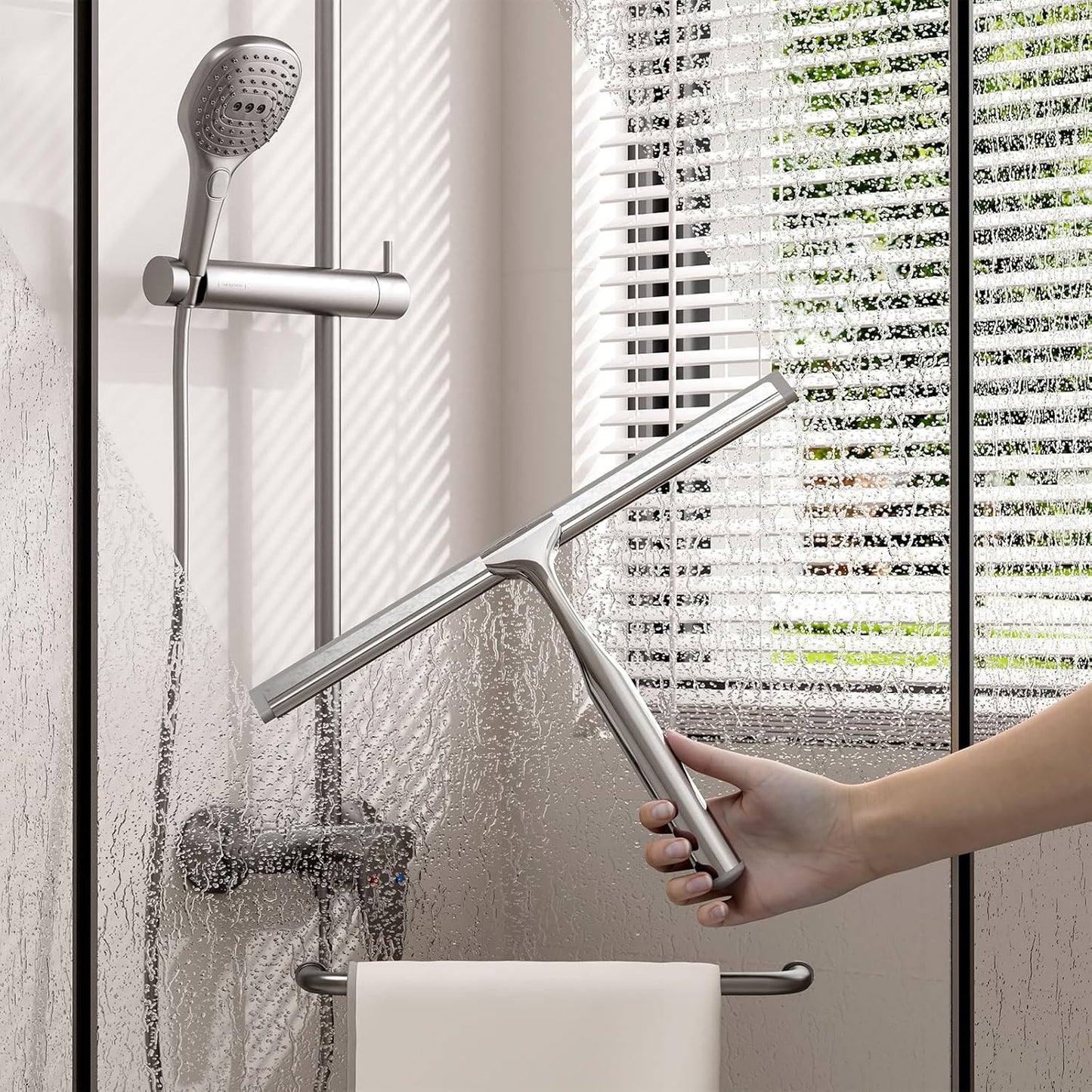 Shower Squeegee for Glass Doors, Stainless Steel Shower Squeegee for Bathroom, Window and Tiles