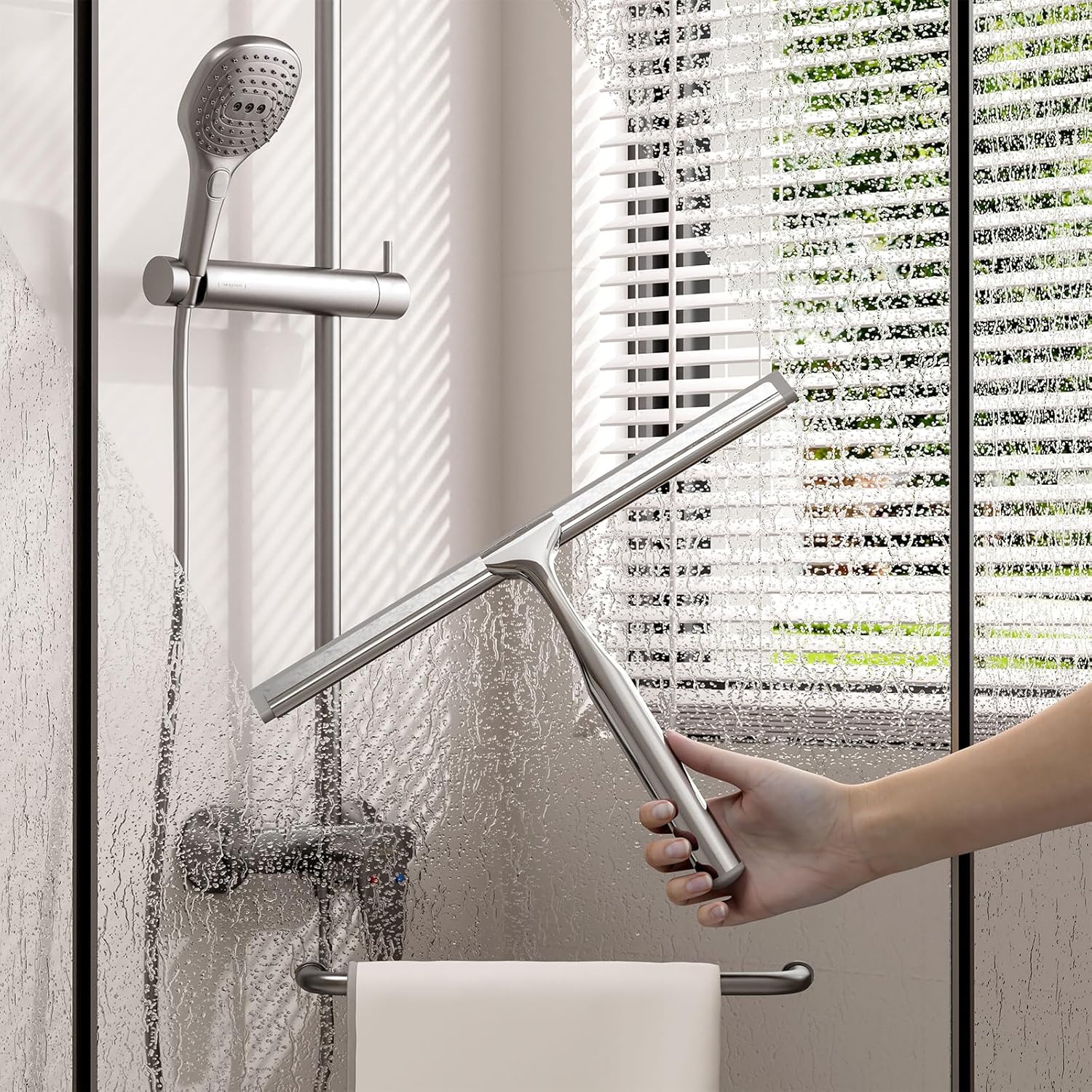 Shower Squeegee for Glass Doors, Stainless Steel Shower Squeegee for Bathroom, Window and Tiles