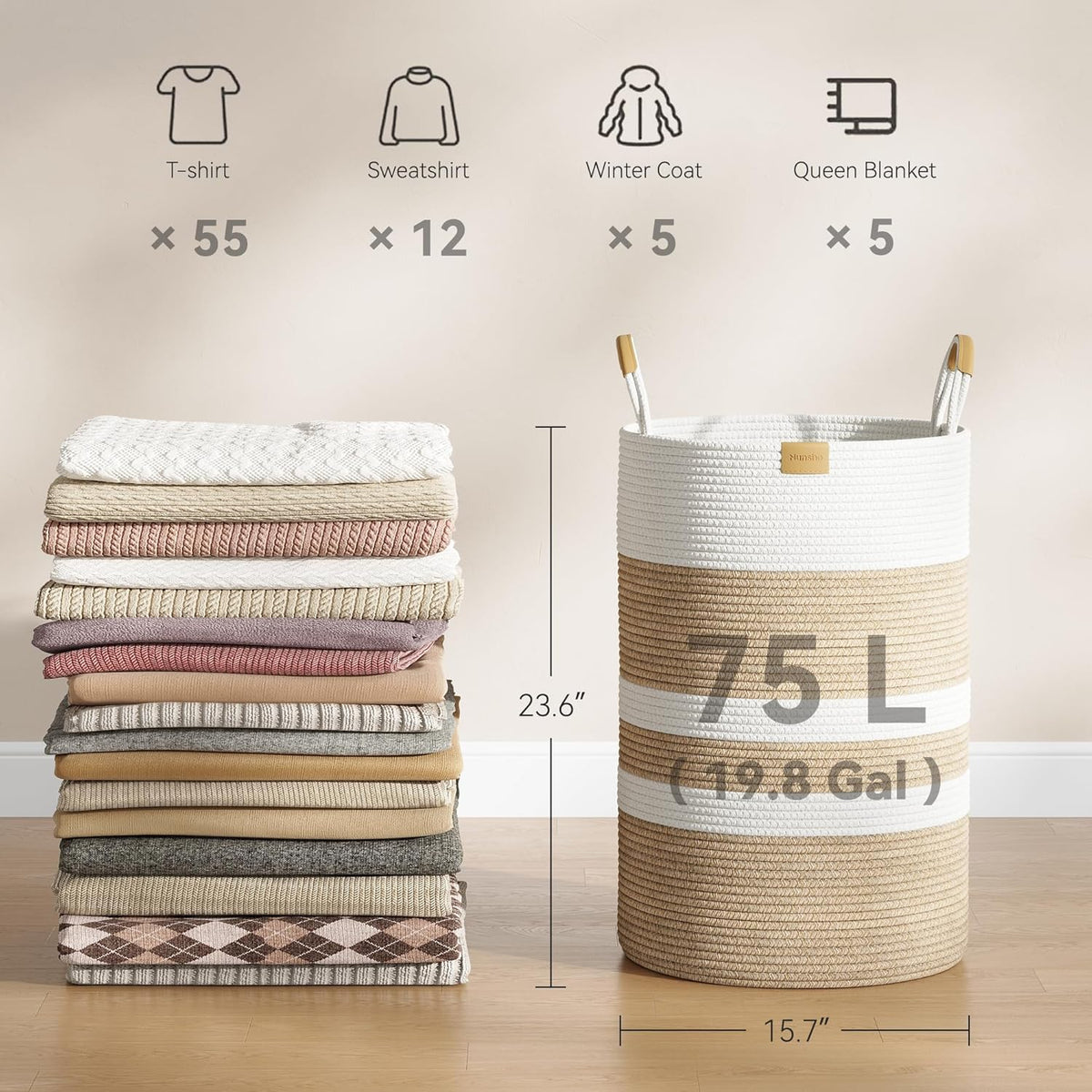 75L Striped Laundry Hamper with Leather Handles,Large Foldable Laundry Basket for Clothes,Cotton