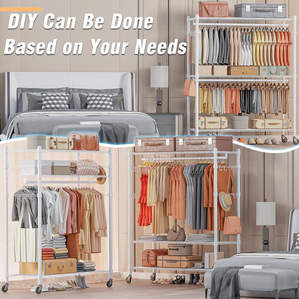 Homdox 3 Tier Garment Rack with Wheels, Portable Closets for Hanging Clothes Heavy Duty, Closet