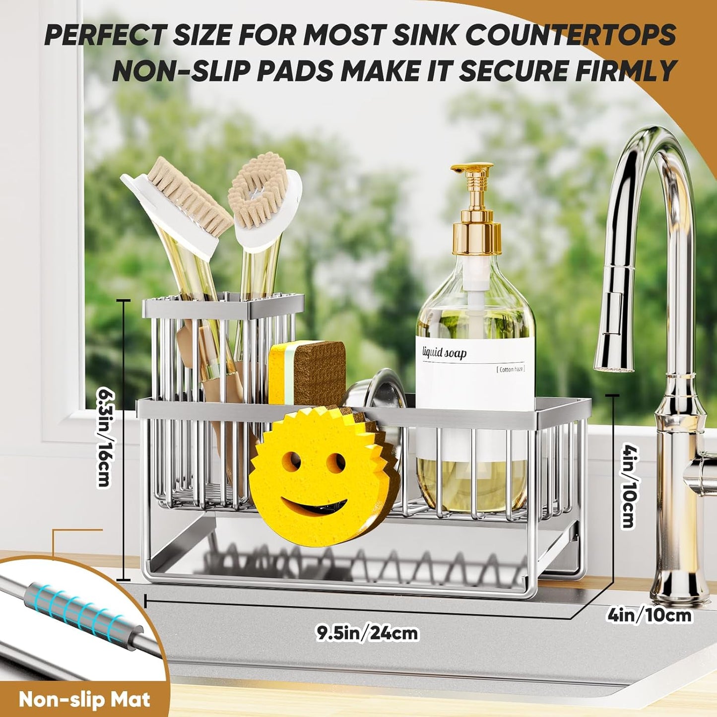 Sponge Holder for Kitchen Sink,Smiley Face Sink Caddy with Removable Brush Holder,Self-Draining