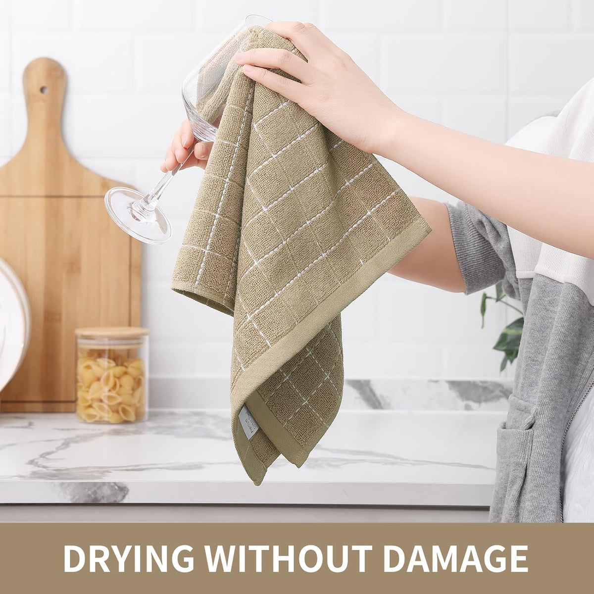 Homaxy 100% Cotton Terry Kitchen Towels(Tan, 13 x 28 inches), Checkered Designed, Soft and Super