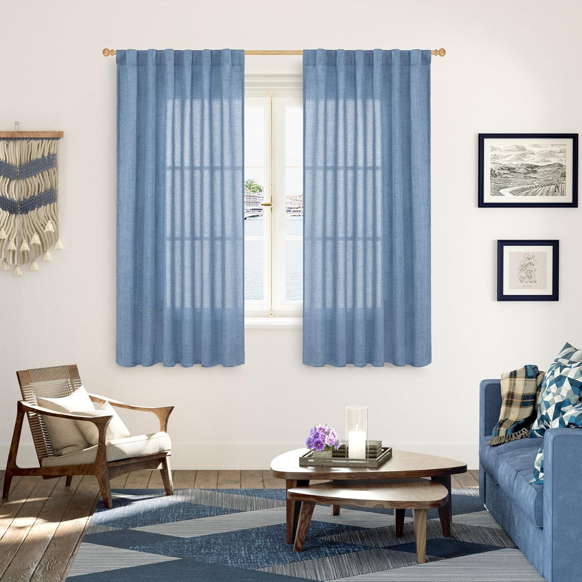YoungsTex Denim Blue Linen Curtains 63 Inch Length for Bedroom - Light Filtering Semi Sheer Drapes