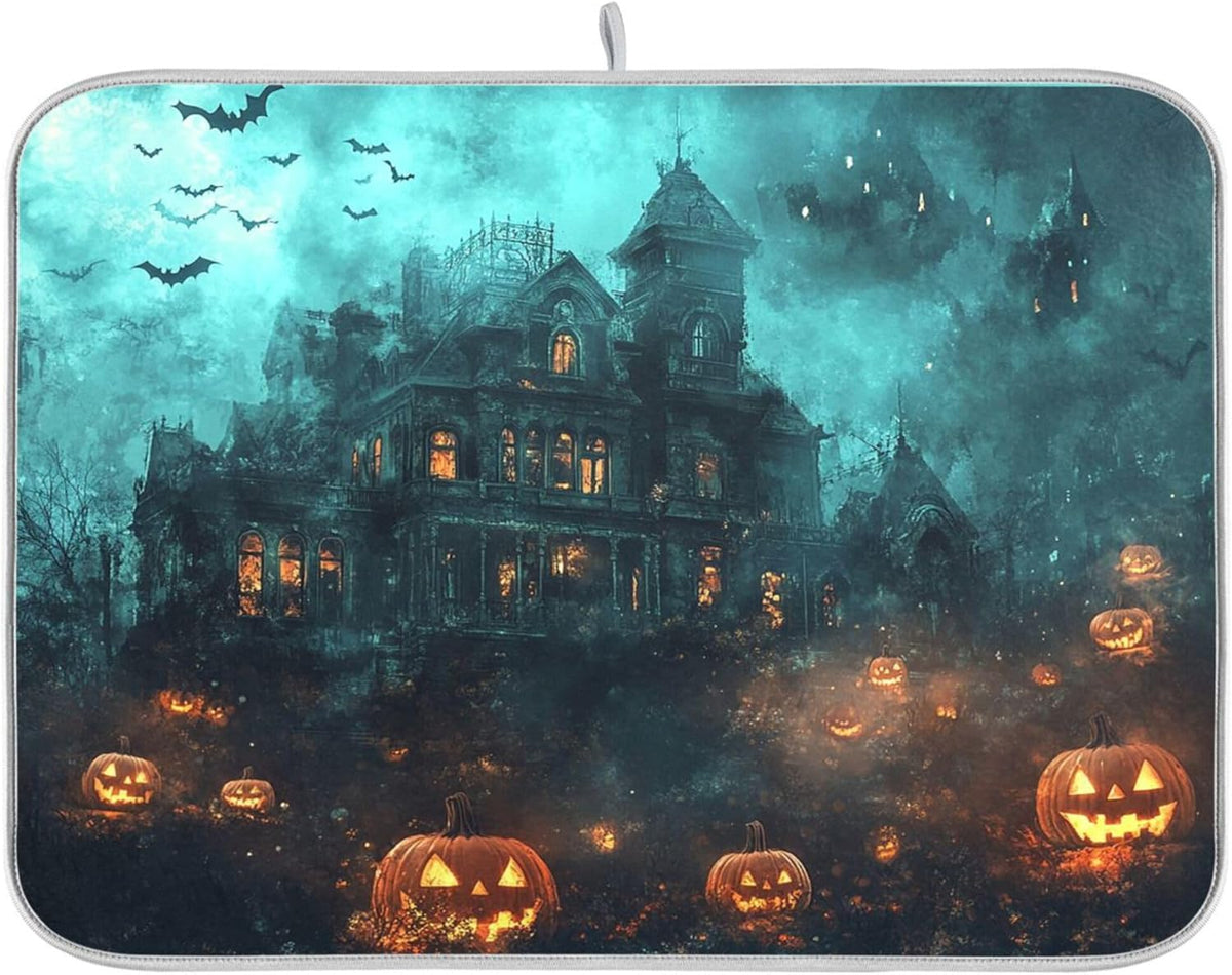Halloween Castle Dish Drying Mat for Kitchen Countertop 18x24 Spooky Witch Pumpkin Lantern Large