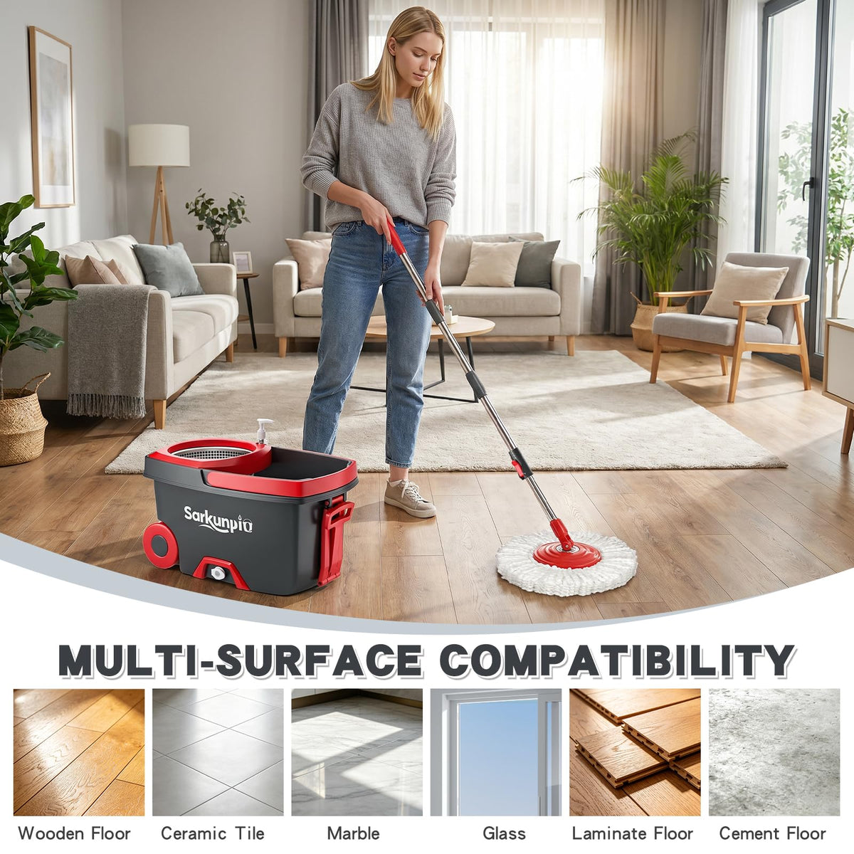 Sarkunpio Spin Mop and Bucket Set with 6 Microfiber Heads, Dark Grey