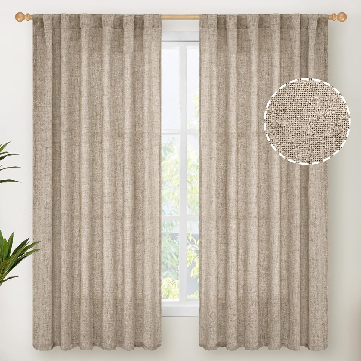 YoungsTex Dark Oatmeal Curtains 63 Inches Long for Living Room Window, Linen Semi Sheer Drapes
