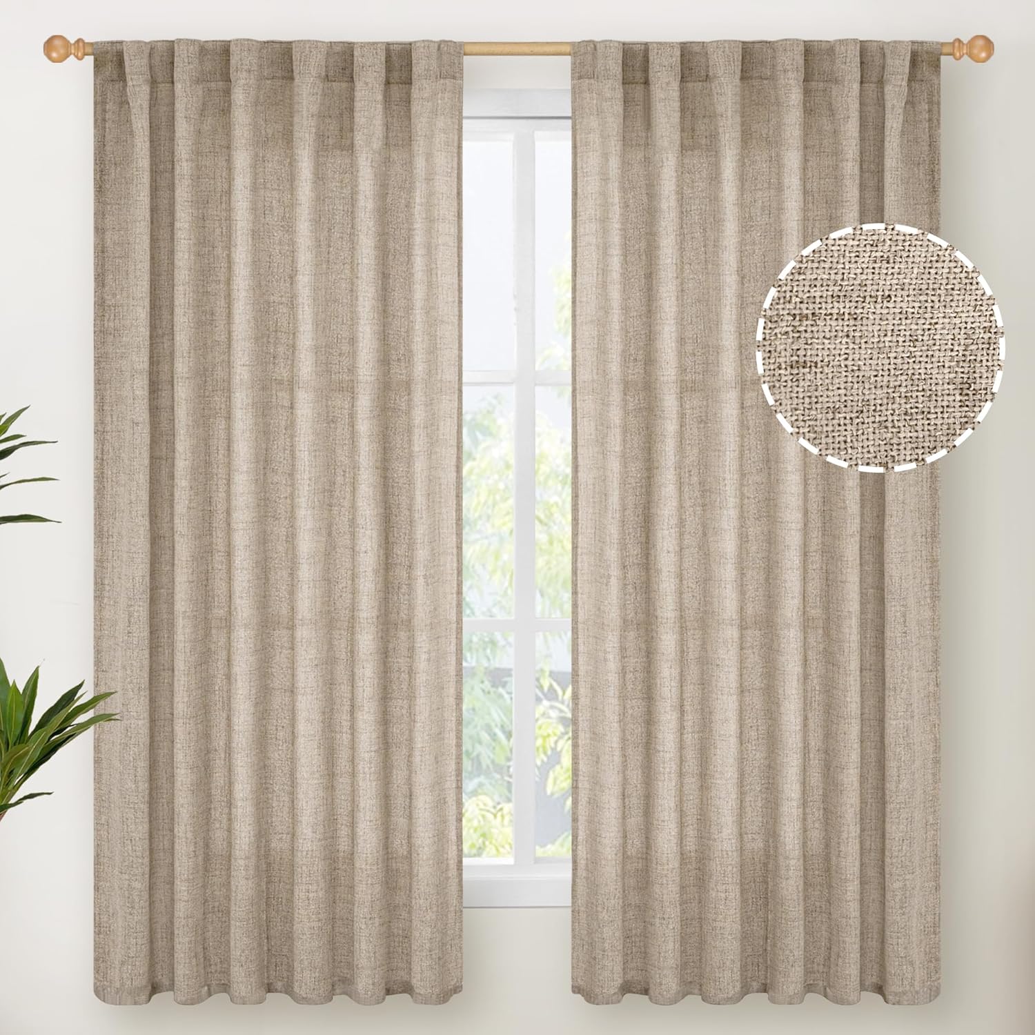 YoungsTex Dark Oatmeal Curtains 63 Inches Long for Living Room Window, Linen Semi Sheer Drapes